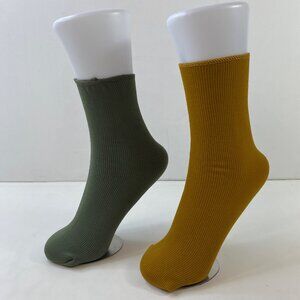 Womens Crew Socks Set 2 Solid Ribbed Olive Green Mustard Yellow